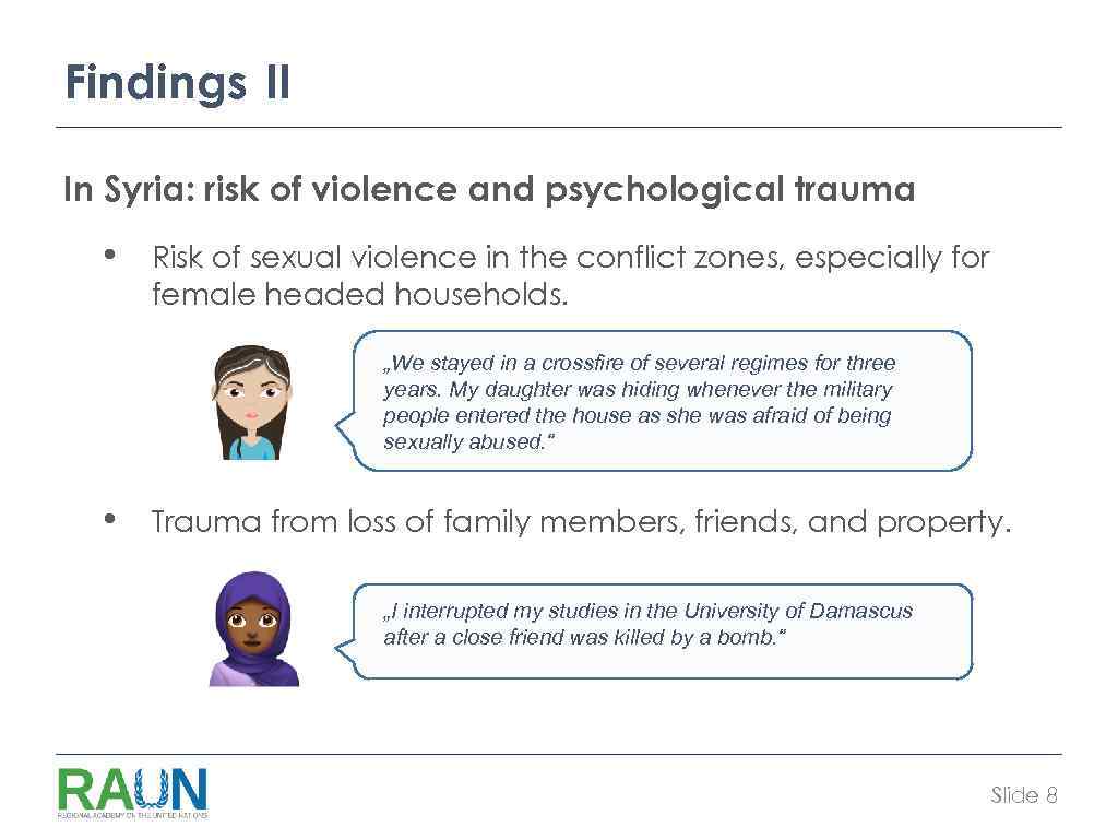 Findings II In Syria: risk of violence and psychological trauma • Risk of sexual
