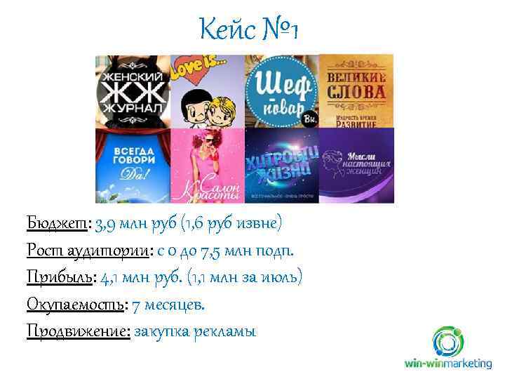 Кейс № 1 Бюджет: 3, 9 млн руб (1, 6 руб извне) Рост аудитории: