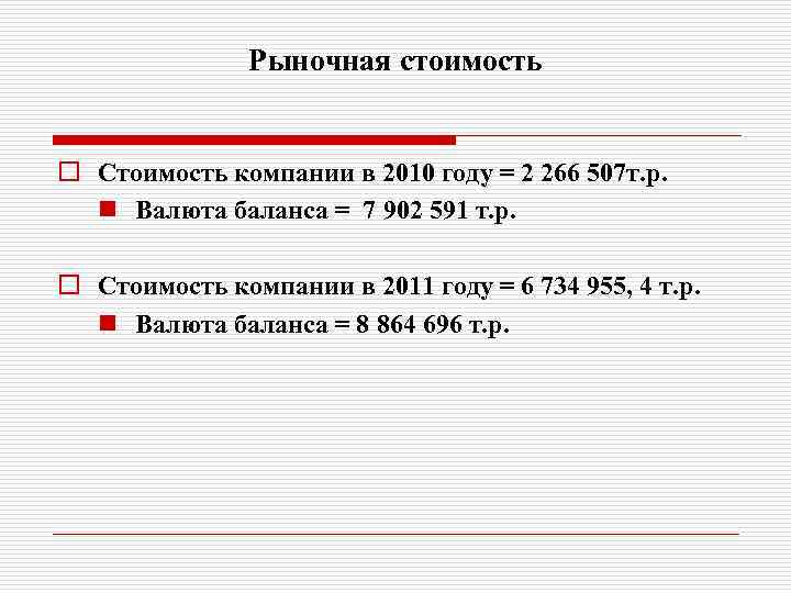 Рыночная стоимость o Стоимость компании в 2010 году = 2 266 507 т. р.