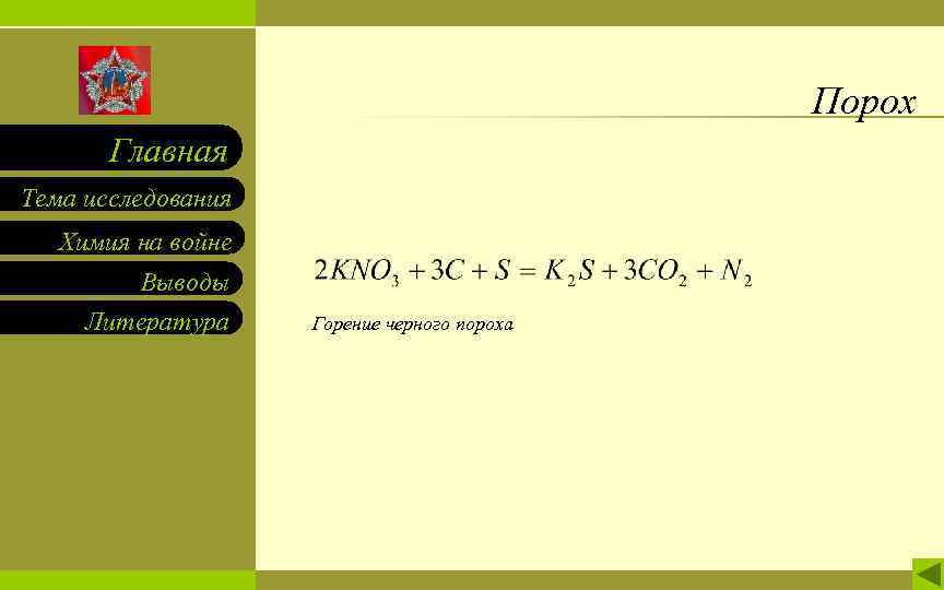 Порох Главная Тема исследования Химия на войне Выводы Литература Горение черного пороха 