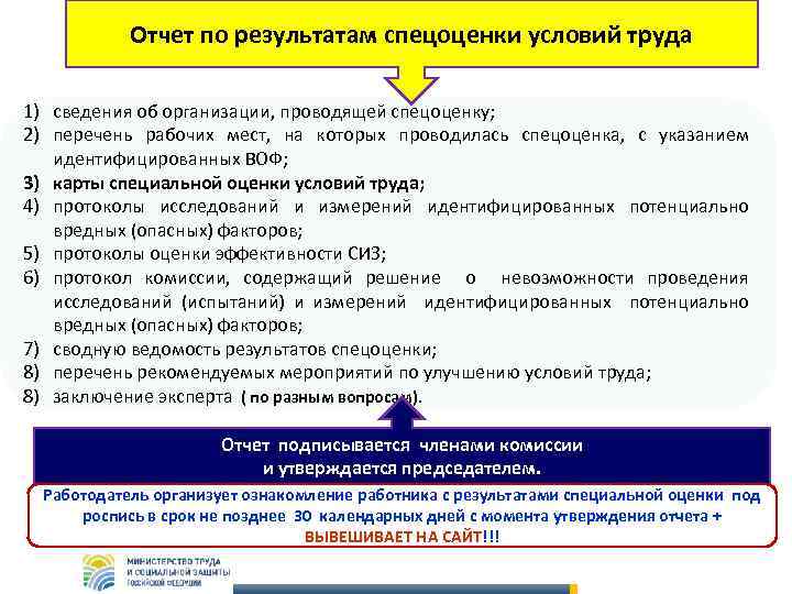 Отчет по результатам спецоценки условий труда 1) сведения об организации, проводящей спецоценку; 2) перечень
