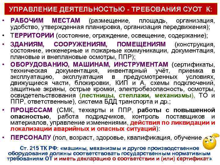 УПРАВЛЕНИЕ ДЕЯТЕЛЬНОСТЬЮ - ТРЕБОВАНИЯ СУОТ К: • РАБОЧИМ МЕСТАМ (размещение, площадь, организация, удобство, утвержденная