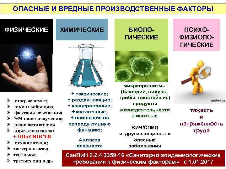 ОПАСНЫЕ И ВРЕДНЫЕ ПРОИЗВОДСТВЕННЫЕ ФАКТОРЫ ФИЗИЧЕСКИЕ ХИМИЧЕСКИЕ БИОЛОГИЧЕСКИЕ микроорганизмы (бактерии, вирусы, грибы, простейшие) продукты
