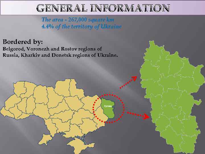 GENERAL INFORMATION The area - 267, 000 square km 4. 4% of the territory