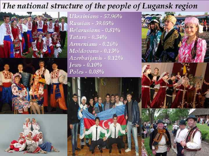 The national structure of the people of Lugansk region Ukrainians - 57. 96% Russian