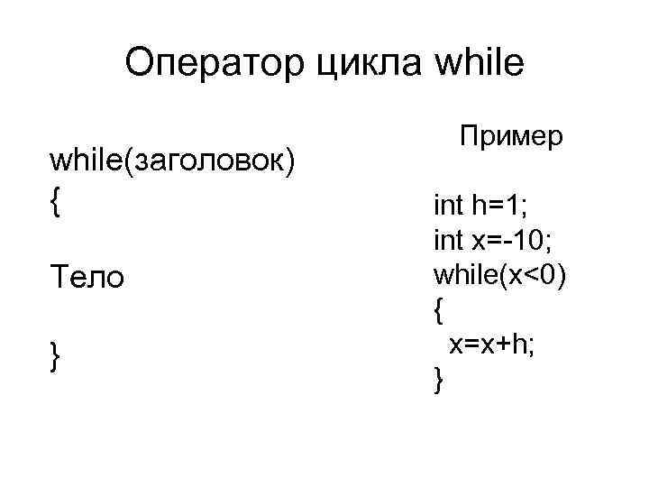 Оператор цикла while(заголовок) { Тело } Пример int h=1; int x=-10; while(x<0) { x=x+h;