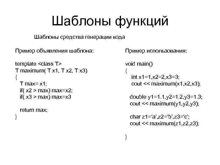 Шаблоны функций Шаблоны средства генерации кода Пример объявления шаблона: Пример использования: template <class T>