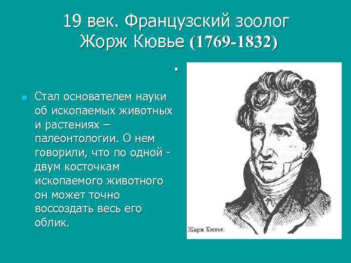 19 век. Французский зоолог Жорж Кювье (1769 -1832) . n Стал основателем науки об