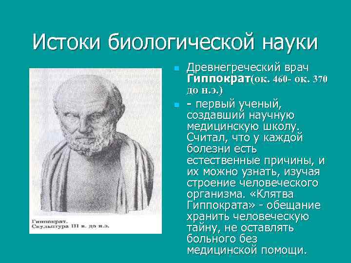 Истоки биологической науки n n Древнегреческий врач Гиппократ(ок. 460 - ок. 370 до н.
