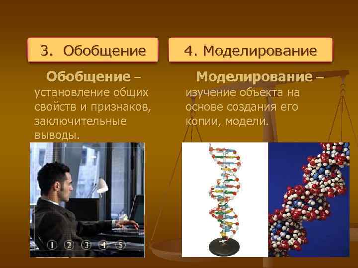 3. Обобщение – установление общих свойств и признаков, заключительные выводы. 4. Моделирование – изучение