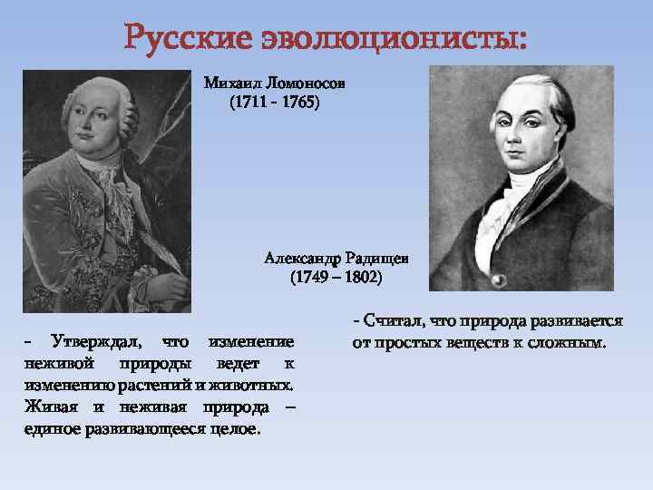 Русские эволюционисты: Михаил Ломоносов (1711 - 1765) Александр Радищев (1749 – 1802) - Утверждал,