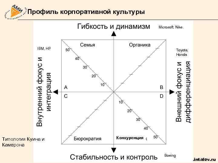 Профиль корпоративной культуры Microsoft; Nike IBM, HP Типология Куина и Камерона Toyota, Honda Конкуренция