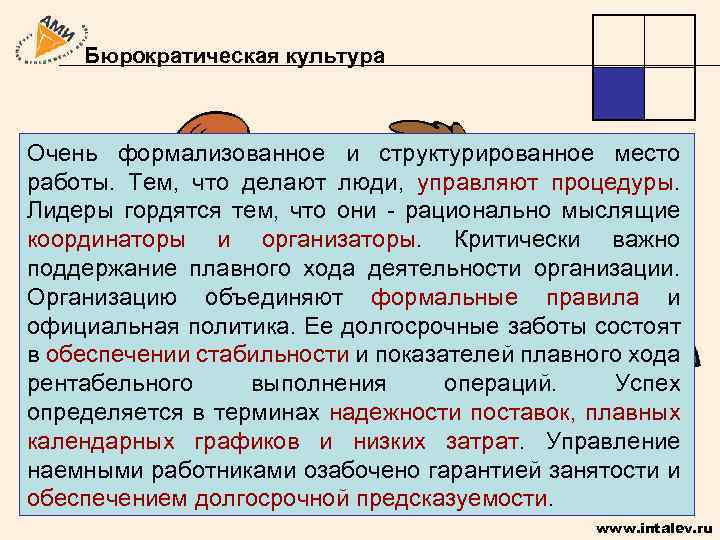 Бюрократическая культура Очень формализованное и структурированное место работы. Тем, что делают люди, управляют процедуры.