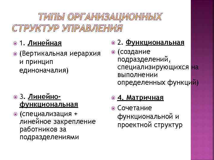 1. Линейная (Вертикальная иерархия и принцип единоначалия) 3. Линейнофункциональная (специализация + линейное закрепление работников