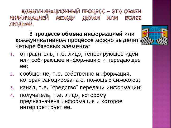 В процессе обмена информацией или коммуникативном процессе можно выделить четыре базовых элемента: 1. отправитель,