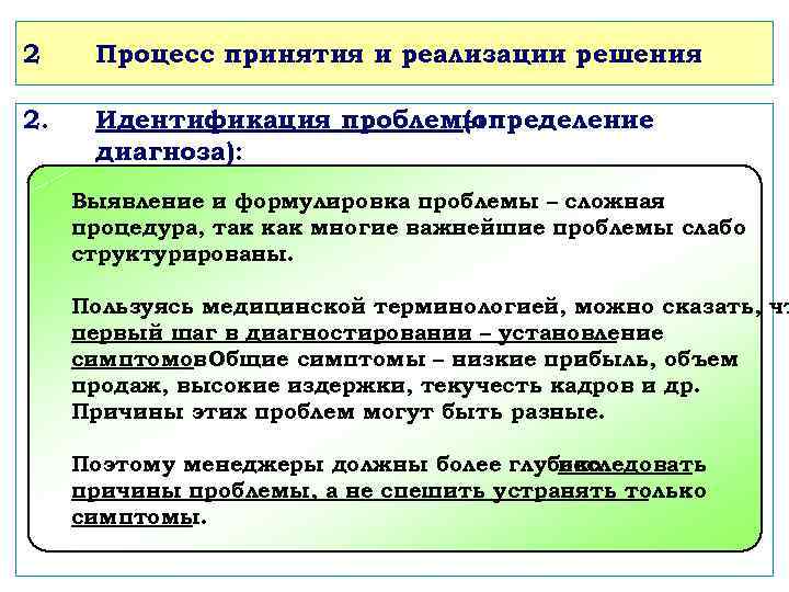 2 Процесс принятия и реализации решения 2. Идентификация проблемы (определение диагноза): Выявление и формулировка