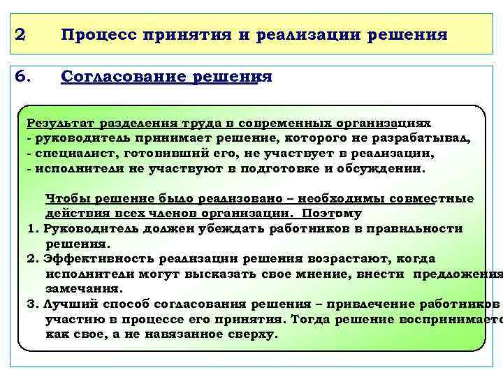 2 Процесс принятия и реализации решения 6. Согласование решения : Результат разделения труда в