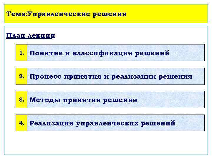 Тема: Управленческие решения План лекции 1. Понятие и классификация решений 2. Процесс принятия и