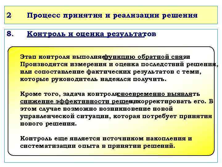 2 Процесс принятия и реализации решения 8. Контроль и оценка результатов : Этап контроля