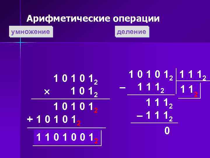 Арифметические операции умножение 1 0 12 1 0 12 + 1 0 12 1