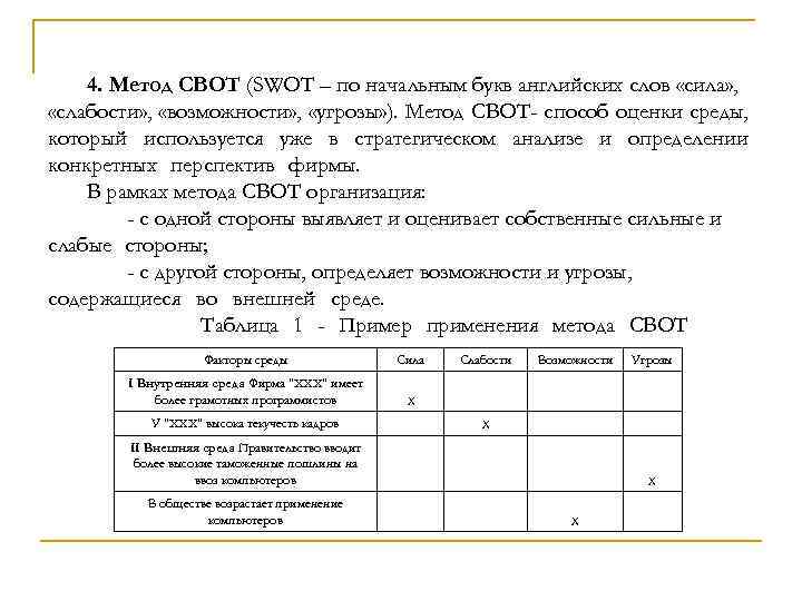 4. Метод СВОТ (SWOT – по начальным букв английских слов «сила» , «слабости» ,