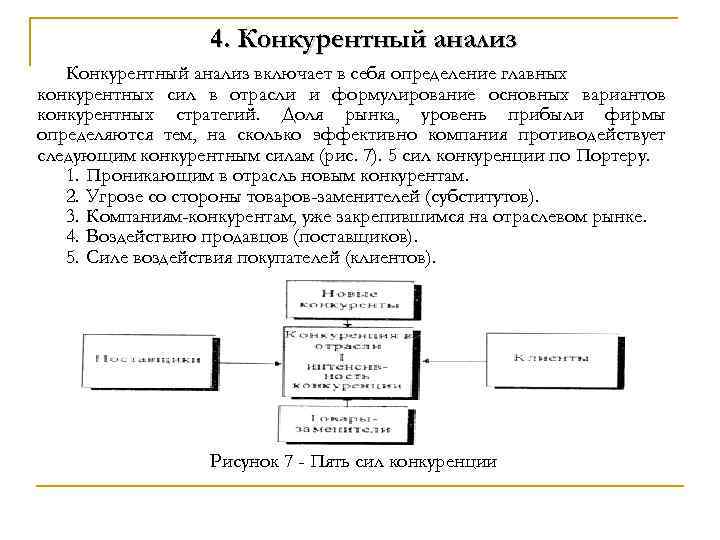 4. Конкурентный анализ включает в себя определение главных конкурентных сил в отрасли и формулирование