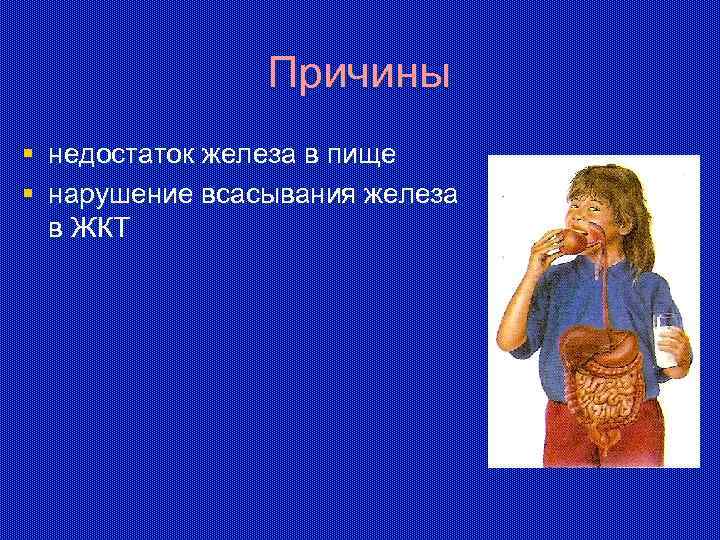 Причины § недостаток железа в пище § нарушение всасывания железа в ЖКТ 