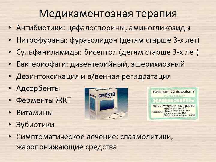 Медикаментозная терапия • • • Антибиотики: цефалоспорины, аминогликозиды Нитрофураны: фуразолидон (детям старше 3 -х