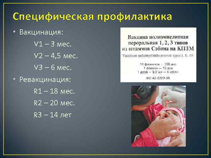 Специфическая профилактика • Вакцинация: V 1 – 3 мес. V 2 – 4, 5