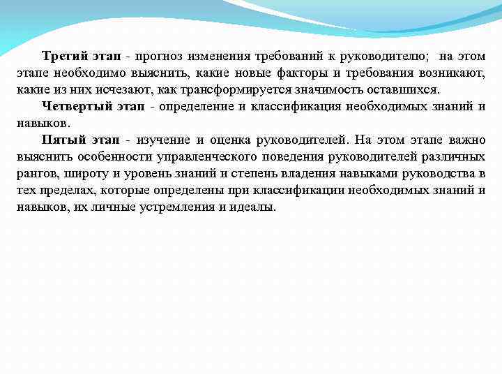 Третий этап - прогноз изменения требований к руководителю; на этом этапе необходимо выяснить, какие