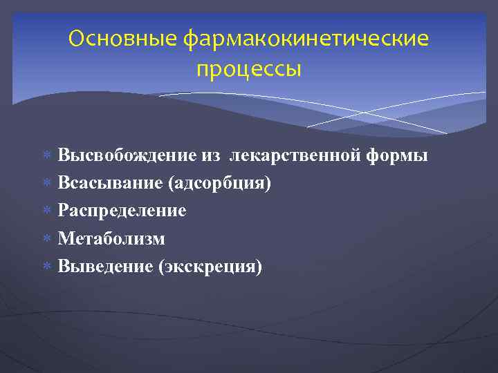 Основные фармакокинетические процессы Высвобождение из лекарственной формы Всасывание (адсорбция) Распределение Метаболизм Выведение (экскреция) 