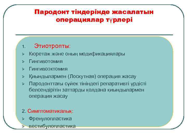 Пародонт тіндерінде жасалатын операциялар түрлері 1. Ø Ø Ø Этиотропты: Кюретаж және оның модификациялары