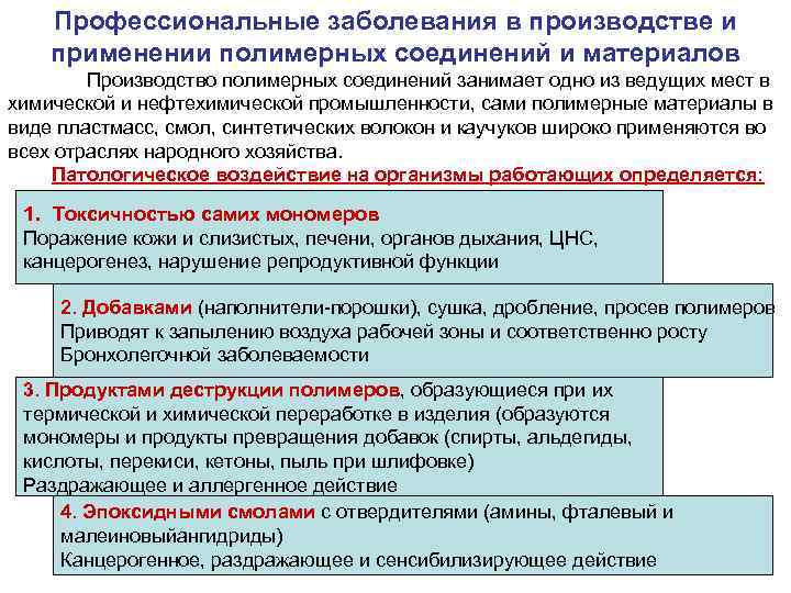 Профессиональные заболевания в производстве и применении полимерных соединений и материалов Производство полимерных соединений занимает
