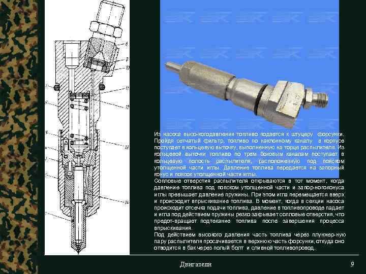 Из насоса высо кого авления топливо подается к штуцеру форсунки. д Пройдя сетчатый фильтр,