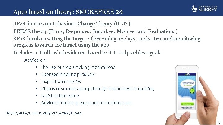 Apps based on theory: SMOKEFREE 28 SF 28 focuses on Behaviour Change Theory (BCTs)