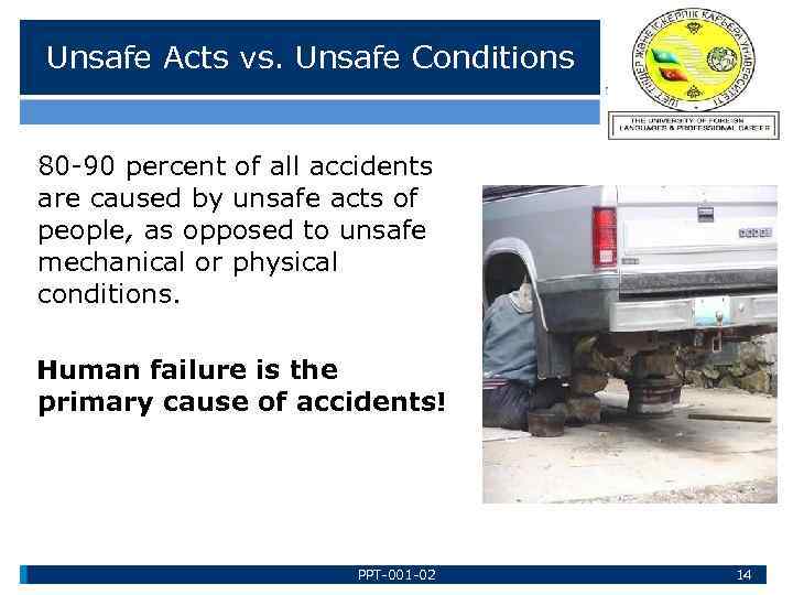 Unsafe Acts vs. Unsafe Conditions 80 -90 percent of all accidents are caused by