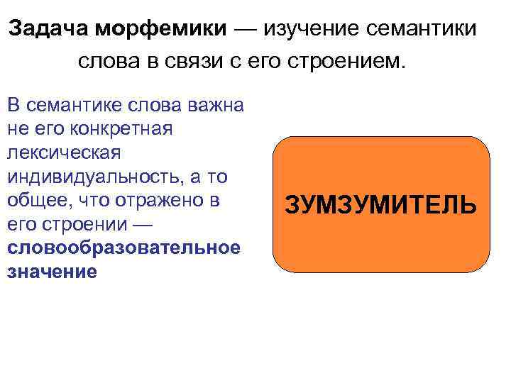 Задача морфемики — изучение семантики слова в связи с его строением. В семантике слова
