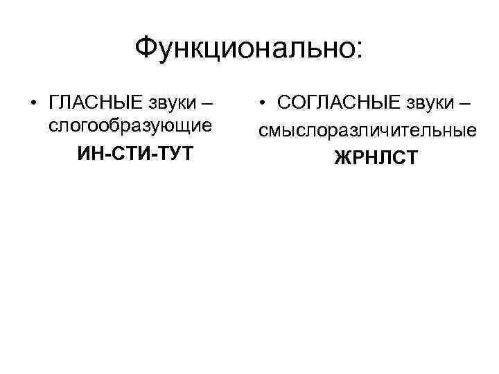 Функционально: • ГЛАСНЫЕ звуки – слогообразующие ИН-СТИ-ТУТ • СОГЛАСНЫЕ звуки – смыслоразличительные ЖРНЛСТ 