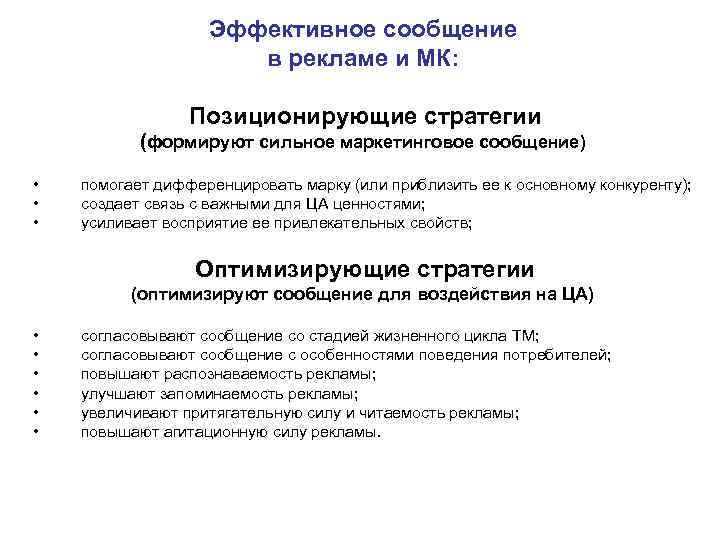 Эффективное сообщение в рекламе и МК: Позиционирующие стратегии (формируют сильное маркетинговое сообщение) • •