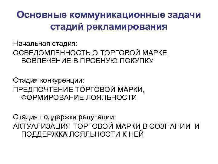 Основные коммуникационные задачи стадий рекламирования Начальная стадия: ОСВЕДОМЛЕННОСТЬ О ТОРГОВОЙ МАРКЕ, ВОВЛЕЧЕНИЕ В ПРОБНУЮ