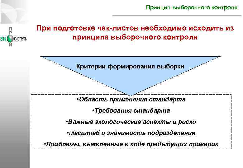 Принцип выборочного контроля При подготовке чек-листов необходимо исходить из принципа выборочного контроля Критерии формирования