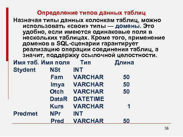 Определение типов данных таблиц Назначая типы данных колонкам таблиц, можно использовать «свои» типы —