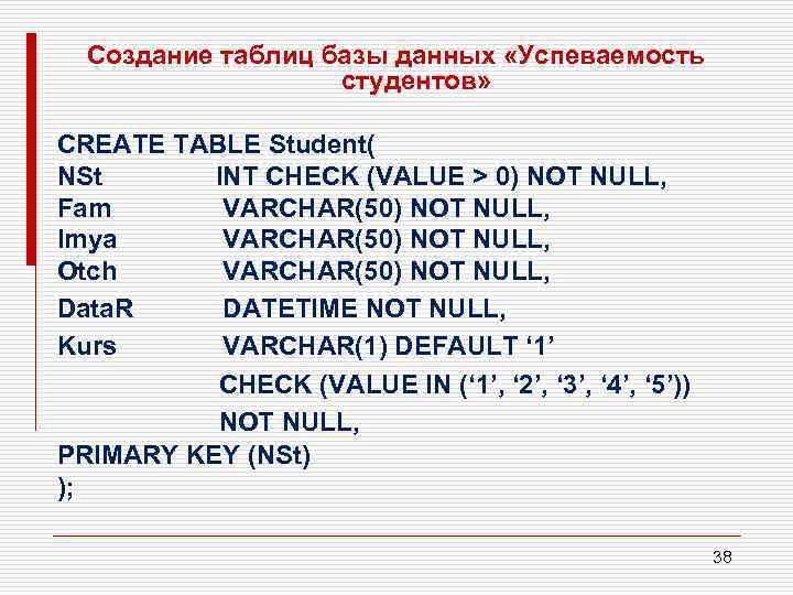 Создание таблиц базы данных «Успеваемость студентов» CREATE TABLE Student( NSt INT CHECK (VALUE >