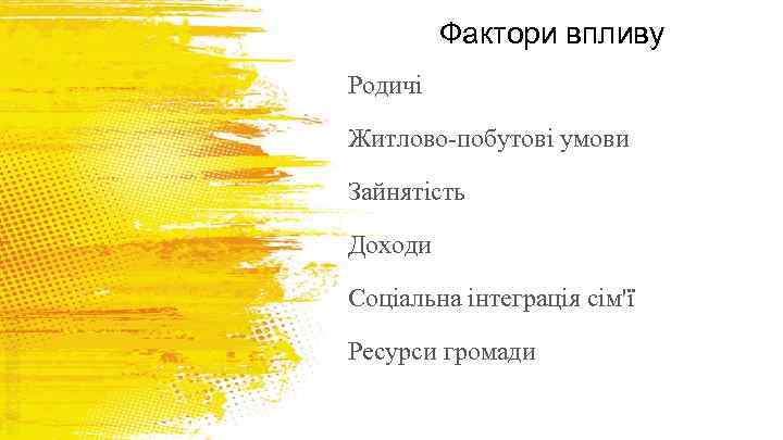 Фактори впливу Родичі Житлово-побутові умови Зайнятість Доходи Соціальна інтеграція сім'ї Ресурси громади 