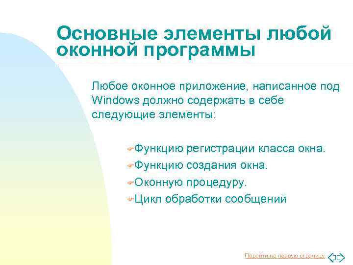 Основные элементы любой оконной программы Любое оконное приложение, написанное под Windows должно содержать в