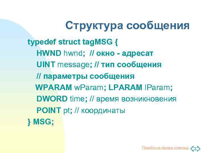 Структура сообщения typedef struct tag. MSG { HWND hwnd; // окно - адресат UINT