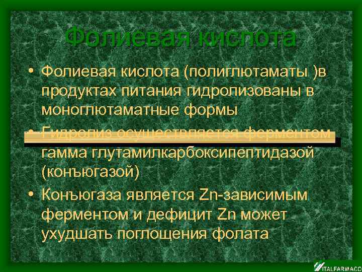 Фолиевая кислота • Фолиевая кислота (полиглютаматы )в продуктах питания гидролизованы в моноглютаматные формы •