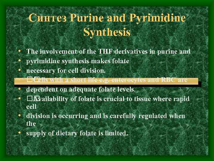 Синтез Purine and Pyrimidine Synthesis • • • The involvement of the THF derivatives