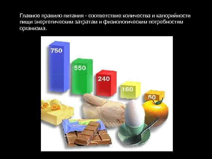 Главное правило питания - соответствие количества и калорийности пищи энергетическим затратам и физиологическим потребностям