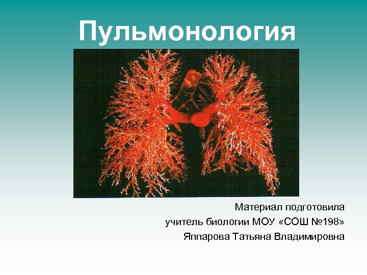 Пульмонология Материал подготовила учитель биологии МОУ «СОШ № 198» Яппарова Татьяна Владимировна 